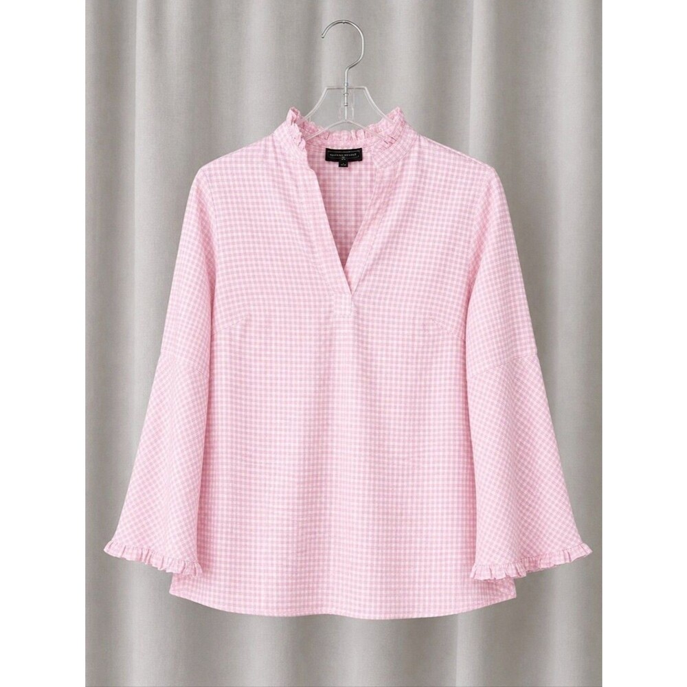 Duffield Lane Feminine Soft Pink White Gingham Ruffle Neck Bell Sleeve Blouse